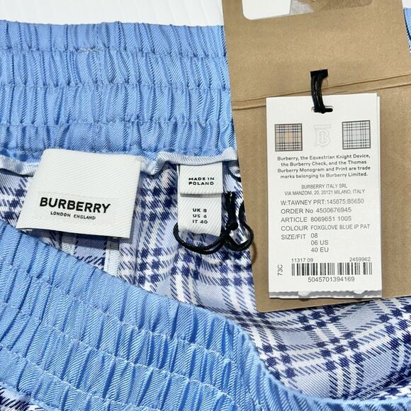 Burberry High Waist Pull On Shorts Size 6 Blue Check Print 100% Silk NWT $820 - Picture 8 of 13